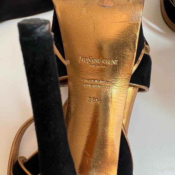Yves Saint Laurent YSL Suede Black Gold Cutout Accent T-Strap Sandals - Picture 11 of 13